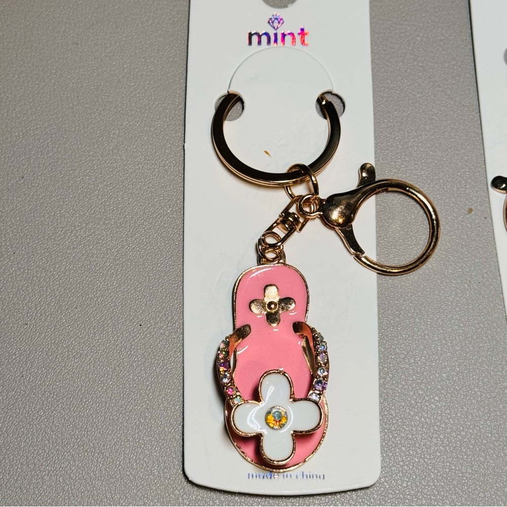BAG CHARM MINT Pink Flip Flop Keychain with Gold and Crystal Accents